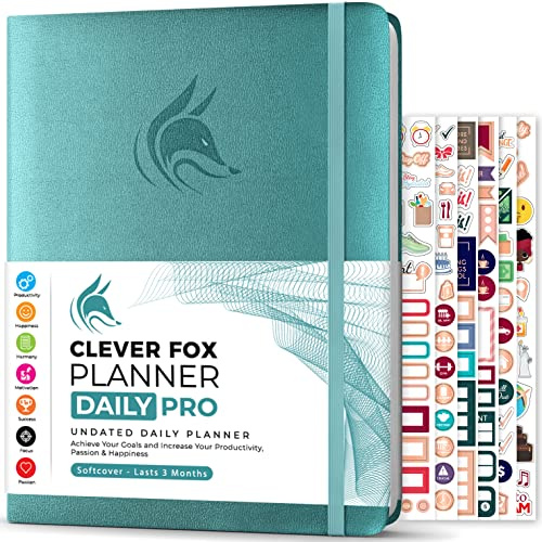 Clever Fox Daily Planner PRO for Men & Women, Large Undated Aquamarine | Lasts 3 months, 21.5 x 28cm, Life & work goals, hourly schedule, to-do list, vision board, monthly calendars, weekly pages