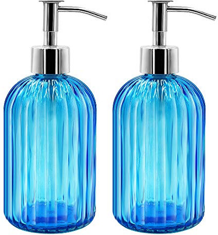 2 Pack Glass Soap Dispenser Bottle with Pump, 14 Oz Refillable Liquid Hand Jar Dispenser for Bathroom, Countertop, Kitchen, Laundry Room (Blue)