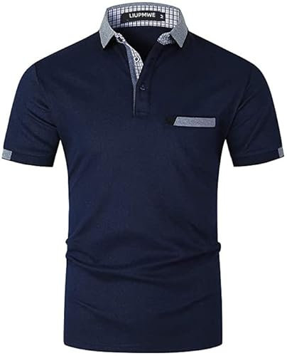 LIUPMWE Poloshirt Herren Kurzarm Baumwolle mit Brusttasche Polohemd Regular Fit Basic Streifen Tennis Golf T-Shirt,Navyblau,M