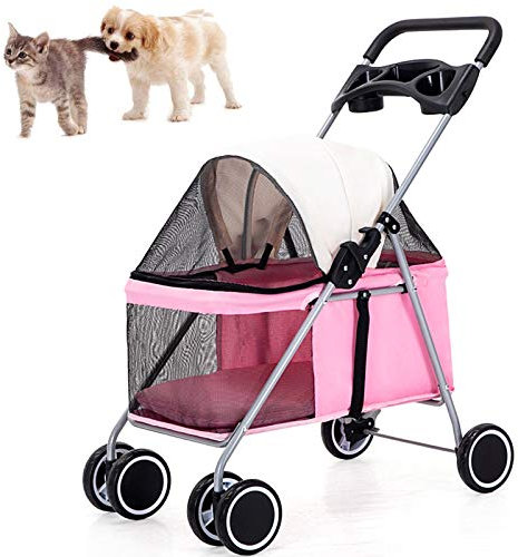 PJDDP 4 Hundebuggy Für Hunde Und Katzen, Faltbarer Hundewagen, Hunde Jogger Buggy Katzen Wagen,Haustier Transportwagen, Tiere Wagen, Buggy Stroller - Bis 15 Kg,Rosa