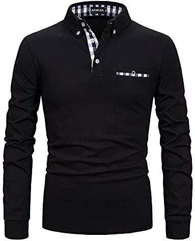 APAELEA Poloshirt Herren Langarm Baumwolle Golf T-Shirt Casual Tops,Schwarz,XL