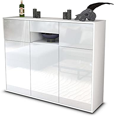 Stil.Zeit Highboard Kommode Matilda, Korpus Weiss matt, Front Hochglanz-Design Weiß (136x108x35cm), Push-to-Open Technik & Leichtlaufschienen