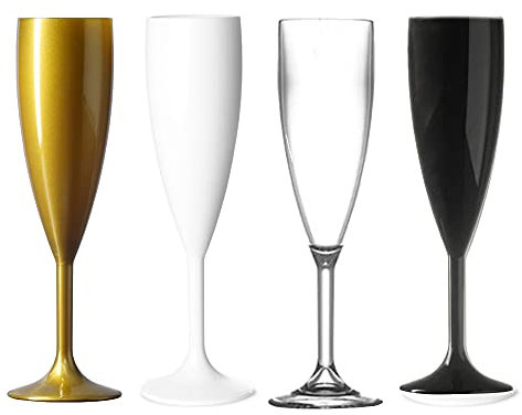 Blanks Direct Champagne Flutes 175ml Plastic White Black Gold Clear Reusable Sparkling Wine Glasses Great for Weddings Bridal Showers Parties Unbreakable and Dish Washer Safe (Black, 6)