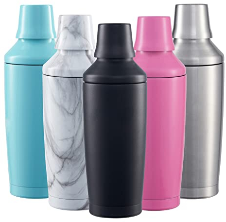 FABV Gift Ready Cocktail Shaker with Jigger Spirit Measure Lid - 600ml Vacuum Insulated Stainless Steel Shaker for Cocktails - Cocktail Mixer with Built-in Cocktail Strainer (Midnight Black)