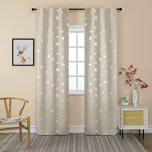 GIRASOLE HOME® Coppia Tende Oscuranti Morbide Fantasia Stelle Argentate Tenda Morbida per Interni con Tasca e Passanti Nascosti 2 Pannelli (Beige, 70x235cm)