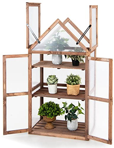 COSTWAY Mini Serra da Giardino in Legno a 3 Livelli, Serra da Giardino con Coperchio Apribile, Ripiani Rimovibili, Serra a Forma di Casetta da Interno ed Esterno, 71 x 41 x 133 cm