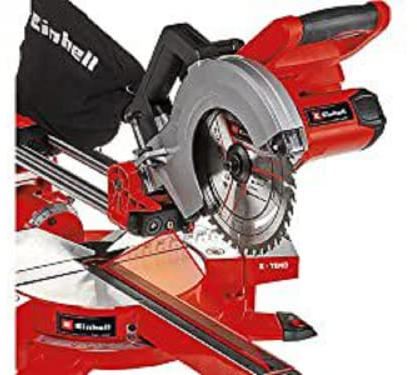 Einhell Scie à onglet radiale sans fil TE-SM 36/210 Li-Solo Power X-Change (lithium-ion, système de glissière, laser de visée indiquant la ligne de coupe) avec Twincharger et 2 Batteries 4,0Ah
