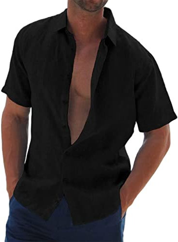 Halfword Mens Linen Shirts Short-Sleeve Summer Casual Beach Shirts Button Down Loose fit Hawaiian Holiday Wedding Cheesecloth Tops Black XL