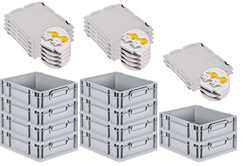 PROREGAL SuperSparSet 10x Eurobox NextGen Grip mit Scharnierdeckel und gelben Schiebeschnappverschlüssen, HxBxT 12x30x40cm, 11 L, Grau, Griffe geschlossen, Eurobehälter, Transportbox
