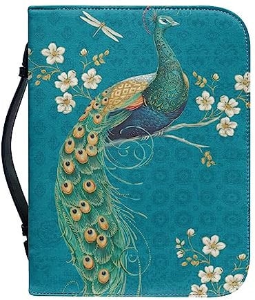 Kuiaobaty Bibeltasche mit Pfauen-Blumengriff, mit Reißverschluss, Vintage-Vogel-Blume, Kunstleder, Buchumschläge für Taschenbücher, Schutzhülle
