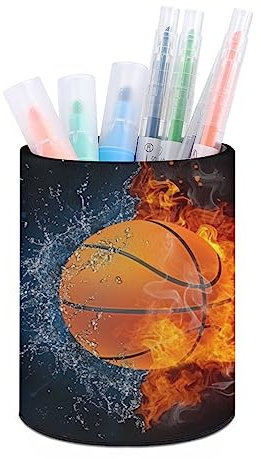Quteprint Pot à crayons rond pour bureau, ballon de basket-ball, sport, feu, pot à crayons de bureau, organisateur de maquillage, boîte de rangement pour la maison, le bureau, les enseignants, cuir