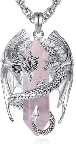 INFUSEU Drachen Kette, Kristall Halskette Nordischer Drache Eingewickelt Zylinder Edelstein Rosa Vintage Anhänger Sechseckiger Heilkristall Gothic Geschenk für Männer Frauen