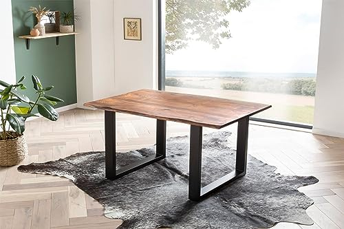 Bett11 SAM B-Ware Esszimmertisch 140x80 cm Becky, Baumkantentisch aus Akazienholz, massiv + nougatfarben, U-Metallgestell Schwarz, Esstisch mit echter Baumkante