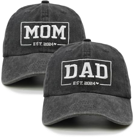 Waldeal Lustiger Hut mit Aufschrift Dad Mom Est 2024, Geschenke für frischgebackene Eltern, neue Mutter und Papa, bestickt, verstellbare Baseballkappe, Stickerei-2024-Dad & Mom-Schwarz,