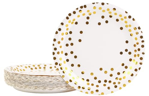 DHAIQC Lot de 50 Assiettes de fête 23 cm, Or Noir Assiette Carton Kit Vaisselle Jetable Anniversaire pour Barbecue Anniversaire ou Fête Baby Shower Mariages (Or Blanc)