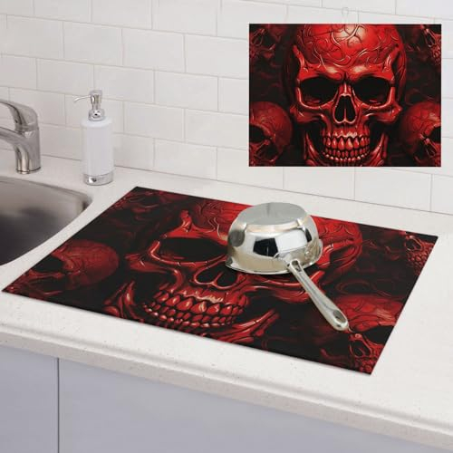 Abtropfmatte mit rotem Totenkopf-Aufdruck für Küchentheke, Mikrofaser, Abtropfmatte, super saugfähig, schnell trocknende Matte für Kaffeemaschine, Geschirrständer, 45,7 x 61 cm