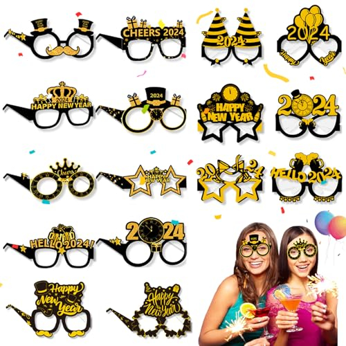 16 Stück 2024 Silvester Brille, Partybrille Silvester Deko 2024, Happy New Year Stirnband Brillen, Frohes Neues Jahr Brillen für 2024 Neujahr Silvester Party Dekoration Foto Requisiten