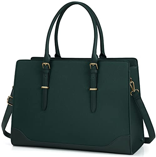 IGOLUMON Handtasche Damen Große Shopper Dunkelgrün Laptoptasche 15.6 Zoll PU Leder Arbeitstasche Umhängetasche Tote für Arbeit Schule