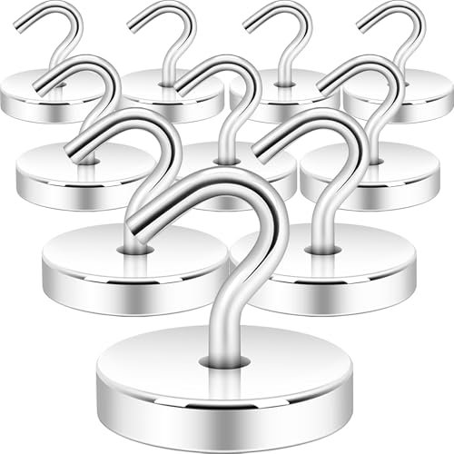 Neosmuk Gancho magnético, 50 kg, imanes de tierra de alto rendimiento con gancho para frigorífico, gancho extra fuerte para colgar (plata, paquete de 10)