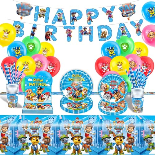 Partygeschirr Geburtstagsdeko,82 Stück Dog Birthday Decorations Party Deko,Geburtstag Deko Geschirr Kit Pappteller,Banner,Servietten,Pappbecher,Tischdecken,Luftballons