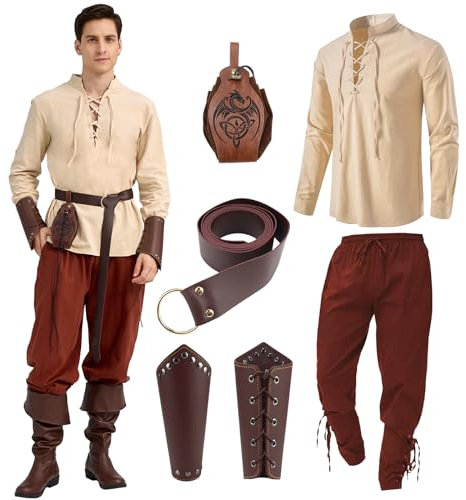 Ulikey Mittelalter Kleidung Herren Set, Herren Renaissance Kostüm Set mit Herren Mittelalterliches Piratenhemd, Hose, Gürtel, Handgelenkschützer für Halloween Karneval Kostüm Cosplay (Beige, M)