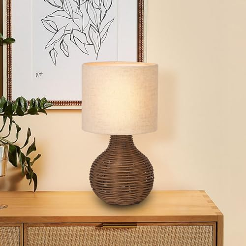 JCPYIUL Rattan Tischlampe, Dekorative Nature Tischleuchte mit E14 Fassung, Beiger Lampenschirm aus Leinen, Retro Lampe für Wohnzimmer Kinderzimmer Schalfzimmer Deko