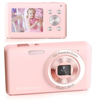 Cámara Digital, FHD 1080P cámara compacta con Tarjeta de 32 GB, 48MP Cámara 2.4 LCD 16X Zoom Digital para Kid Estudiante Niños Adolescente Chica Niño(Rosa)