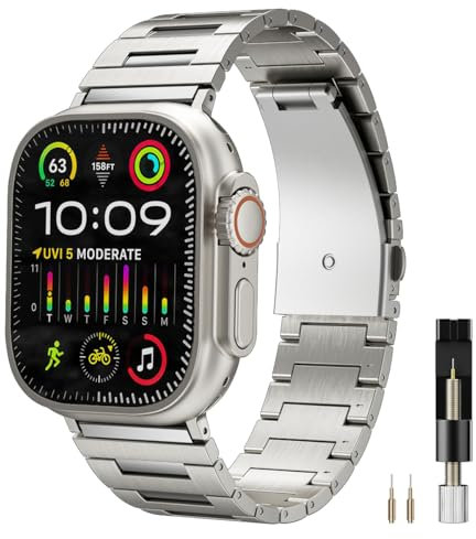 Miimall Cinturino Compatibile per Apple Watch 49mm 42mm 44mm 45mm, Acciaio Inox, Chiusura Pieghevole, Cinturino Regolabile per IWatch Series 9 8 7 6 5 4 3 2 1, Ultra 2 Ultra, SE2 SE, Argento Titanio
