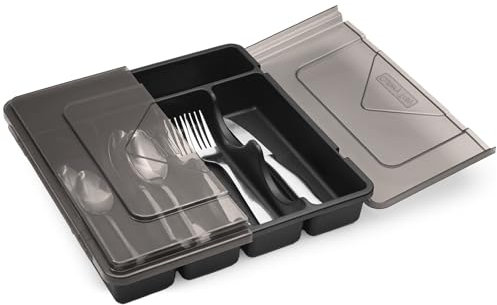 EOFJRUC Organiseur d'argenterie avec couvercle, porte-ustensiles pour tiroir de cuisine, plan de travail, plateau en plastique, 5 compartiments