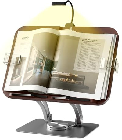 EWX Buchständer mit Licht, aktualisierter verstellbarer Buchhalter mit 360° drehbarem Sockel, faltbarer Kochbuchständer, Rezeptbuch für Noten, Laptop, Rezept, Lehrbuch, Buchhalter