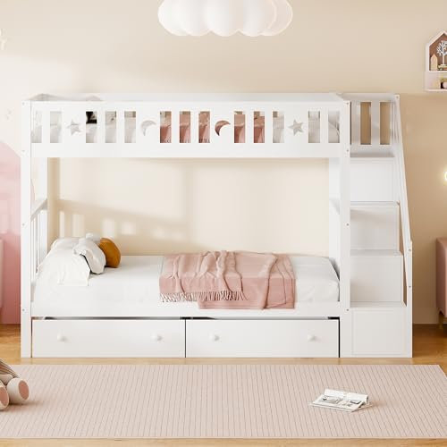 Idemon Kinderbett 90 * 200 cm, Massivholz-Etagenbett mit Sicherheitstreppe, Stauraumtreppe, Zwei großen Schubladen und Lattenrost, weiß