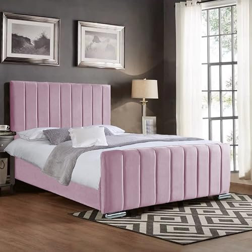 A.H. Beds Panel Line Upholstered Double Bed with Headboard and Footboard - 4FT6 - Wooden Frame in Pink Plush Velvet