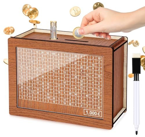 Kkluno Spardose 1000 Euro mit Zähler – Holz Sparbox Wiederverwendbar mit Zahlen Ankreuzen, Elegante Sparchallenge Box für Erwachsene, Visueller Spartracker zur Finanzmotivation & Deko Geschenkidee