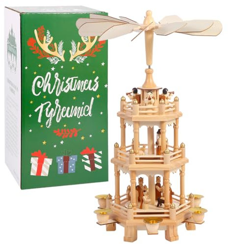 YeloZen Weihnachtspyramiden mit 6 Kerzenhaltern, 45,7 cm, 3 Ebenen, Karussell, Holz, Krippen-Set