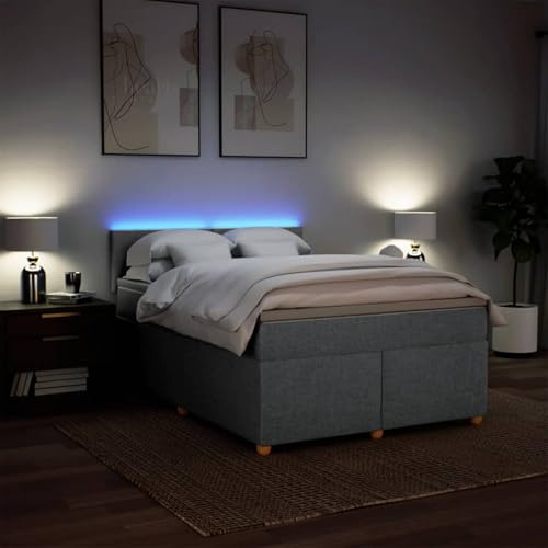 IKAYAA Boxspringbett 160 x 200 cm mit Matratze, LED Beleuchtung, Topper & Kopfteil, Bett mit Matratze und Lattenrost 160 x 200 cm Polsterbett 160 x 200 cm mit Matratze Hellgrau