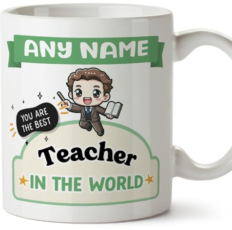 MUGFFINS Personalised Mug for Teacher Man - in English - Best in The World - Kawaii - Funny Custom Gift for Colleagues - Ceramic 11oz Mug
