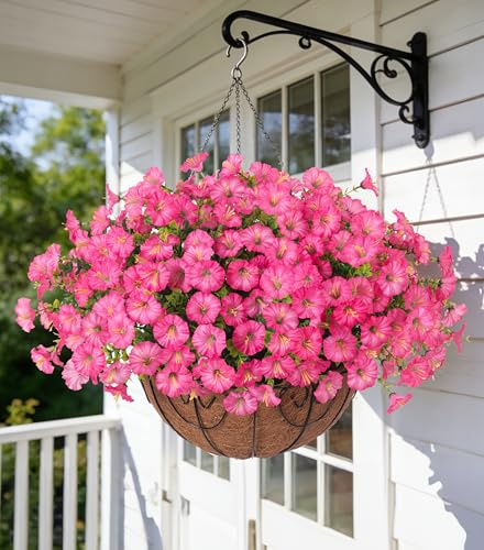 Künstliche Hängepflanzen, Blumenkorb für draußen, Frühling, Sommer, Dekoration, Seide, Rosa, Morgenglory im Übertopf, UV-beständig, echte Kunstblumen für Veranda, Terrasse, Balkon, Haus, Hof