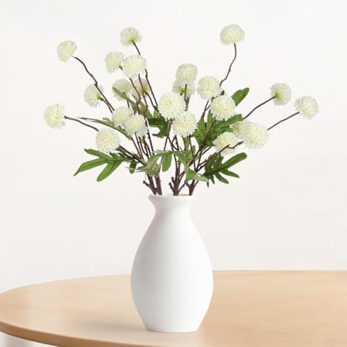 HOTUT Künstliche Kiku Blumen, 5 Stück Mini Chrysanthemen mit langem Stiel, Kunstblumen Pompon Chrysantheme, Blumendekor künstliche Blumen für Arrangement, Tischdekorationen, Partydekorationen - Weiß