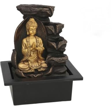 Fontana decorativa per interni con Buddha dorato, cascata zen, base nera, decorazione per meditazione e casa
