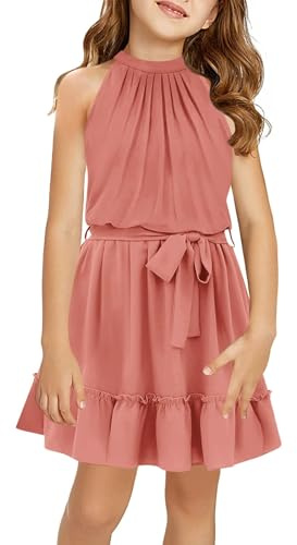Halomoning Robe Fille sans Manches Simple Classique Casual Longueur Genou pour Enfants Été Princesse Fête Mariage Cravate Taille A, Rose Clair, 9-10 Ans