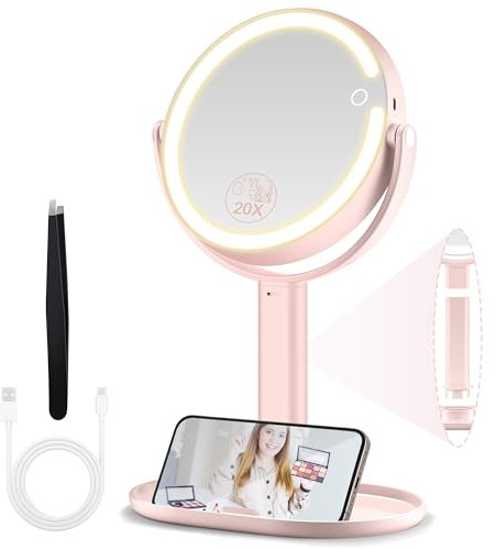 MOMOKUBA Makeup Mirror with Lights, Double Sided 1x/20x Magnifying Mirror with Light, Rechargeable 3 Color Lights and Adjustable Brightness, 360° Rotation Detachable Comes with Tweezer(Pink)