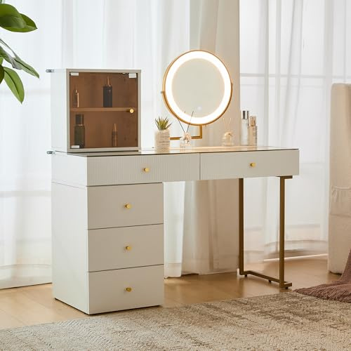 REXO Juego de tocador con espejo iluminado LED, tablero de cristal templado transparente, lado de tocador y armario, muebles elegantes, color blanco, medidas: 120 x 45 x 115 cm (sin taburete)