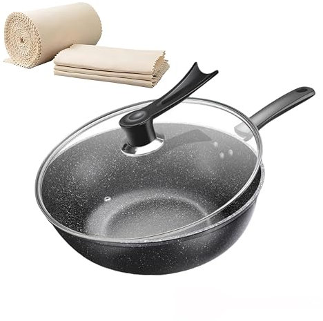 Non Stick Deep Fry Pan Wok - Titanium Coated Aluminum Hammered Stone Design with Glass Lid, Induction Cooktop Compatible Frying Pan, Oven Safe & Soft-Touch Handle for All Stovetops 34cm