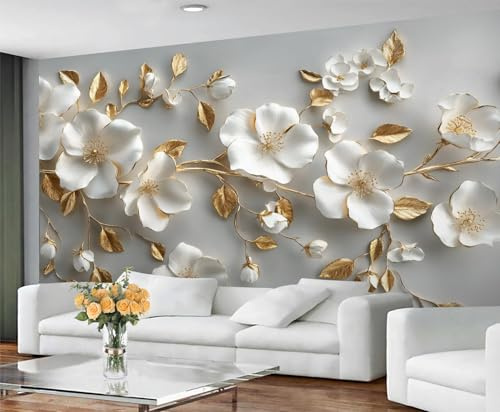 YXQAIED Papier peint photo moderne fleur blanche 400 x 280 cm, feuille d'or de luxe clair azalée blanche grande peinture murale 3D pour décoration de salon (ne pas décoller et coller)