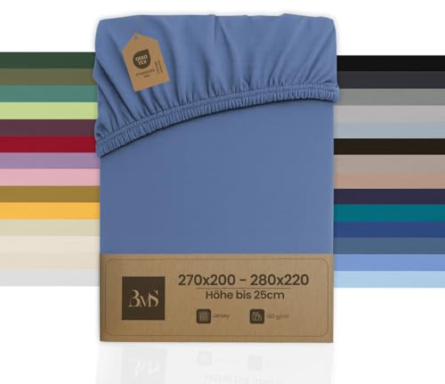 Bettwaesche-mit-Stil Familienbett Spannbettlaken Jersey Spannlaken Spannbetttuch (270x200-280x200 cm, Matratzenhöhe bis 25cm, Jeans Blau) Gewicht: 180g/m², 90% Baumwolle 10% Elasthan