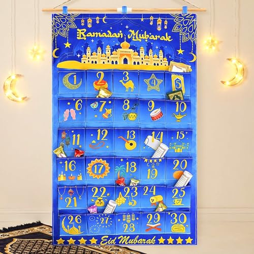 Ramadan Kalender zum Befüllen, 30 Fächer aus Oxfordstoff Wandkalender, inklusive Aufhängungszubehör, 97x62cm Eid Mubarak Dekoration Ramadan Tüten(Blau-Gold)