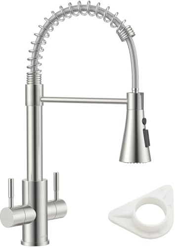DAYONE Kitchen Taps—Dual Lever Kitchen Tap Brushed Nickel Sink Mixer Tap Spring Faucet with 3 Function Sprayer 360° Swivel Spout Commercial Mixer