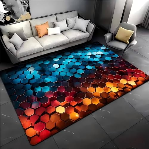 USHIRUG Geometrischer Teppich für Wohnzimmer, 70x140cm, 3D-Wabenmuster, Orange-Blau, Sechseckig, rutschfest und Waschbar für Jungen-, Mädchen- und Jugendzimmer Sowie Esszimmer