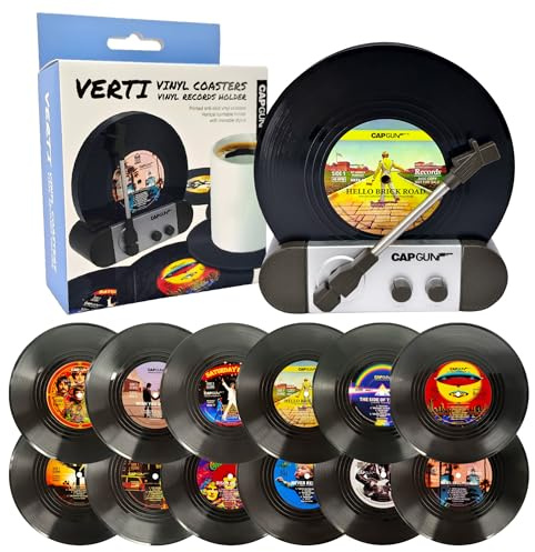 12er Set Bechermatte im Retro-Vinyl-Design mit Ständer – Kreatives Geschenk für Musikliebhaber – Coole Wohndeko für Geburtstag, Einweihung & Weihnachten (12 Sitzplätze)