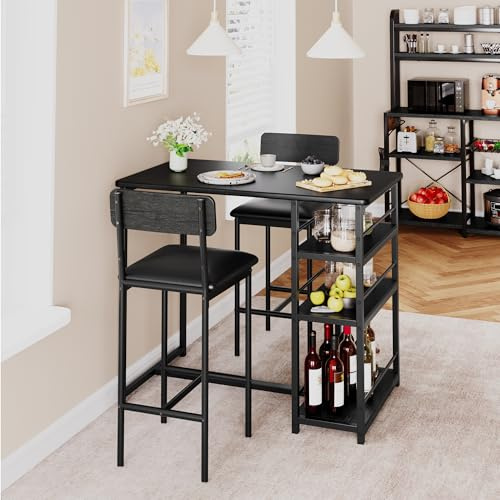 GarveeMore Bartisch Set 3-Teilig Stehtisch Esstisch Mit 2 Gepolsterten Stühlen & 3 Ablagen Küchentisch Klein Thekentisch Barhocker Essgruppe 2 Personen Bartheke Für Esszimmer, Küche